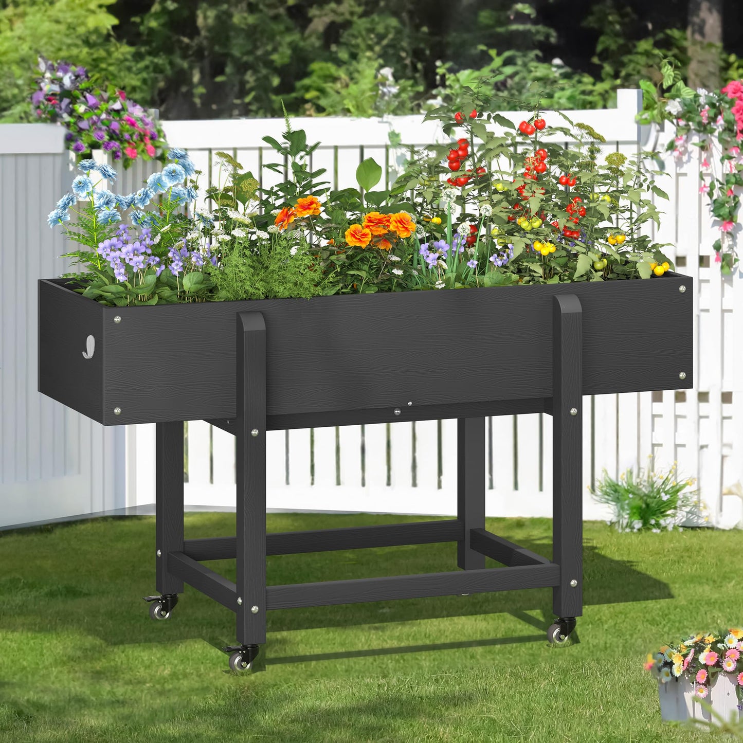 LUE BONA Raised Garden Bed with Wheels, 48 * 16.7 * 28 in, Poly Elevated Outdoor Planter Box with Tools, Weather Resistant, Standing Growing Bed Herb Planter for Vegetable, Flowers, Fruits