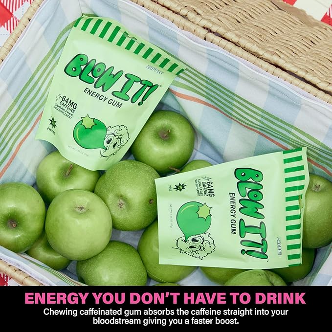 Blow It - Caffeinated Xylitol Gum - Intensified Energy and Focus Boost Effect - Green Coffee Bean Infused Sugar Free Gum - Zapple Flavor - 3-Pack (30 Pieces)