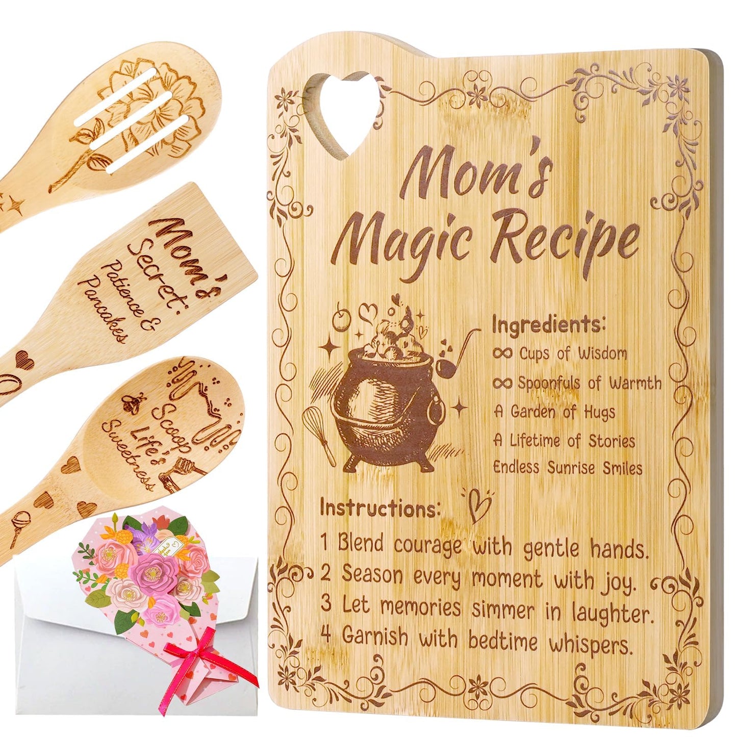 Mothers Day Gifts for Mom - Personalized Engraved Bamboo Cutting Board Set Gifts for Mama from Daughter,Cute Cutting Board Utensil Set Kitchen Decor,Mothers Day Kitchen Gadgets,Birthday Gift for Women