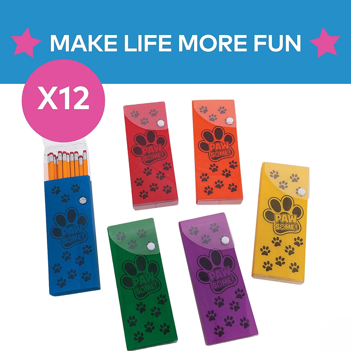 Fun Express Paw Print Plastic Pencil Boxes - 12 Pieces - Educational And Learning Activities For Kids