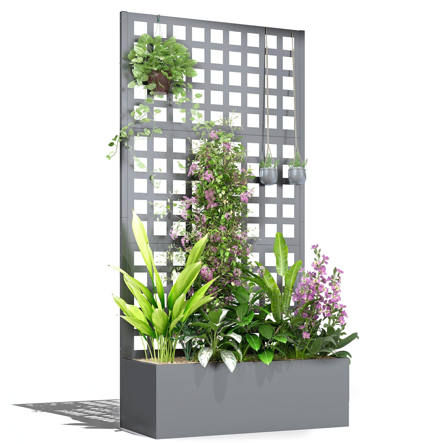 Outsunny Galvanized Raised Garden Bed with Trellis, Metal Planter Box with Drainage Holes, Outdoor Privacy Screen for Climbing Plants, Vegetable, Vines, 35" x 16" x 70", Gray Wood Effect