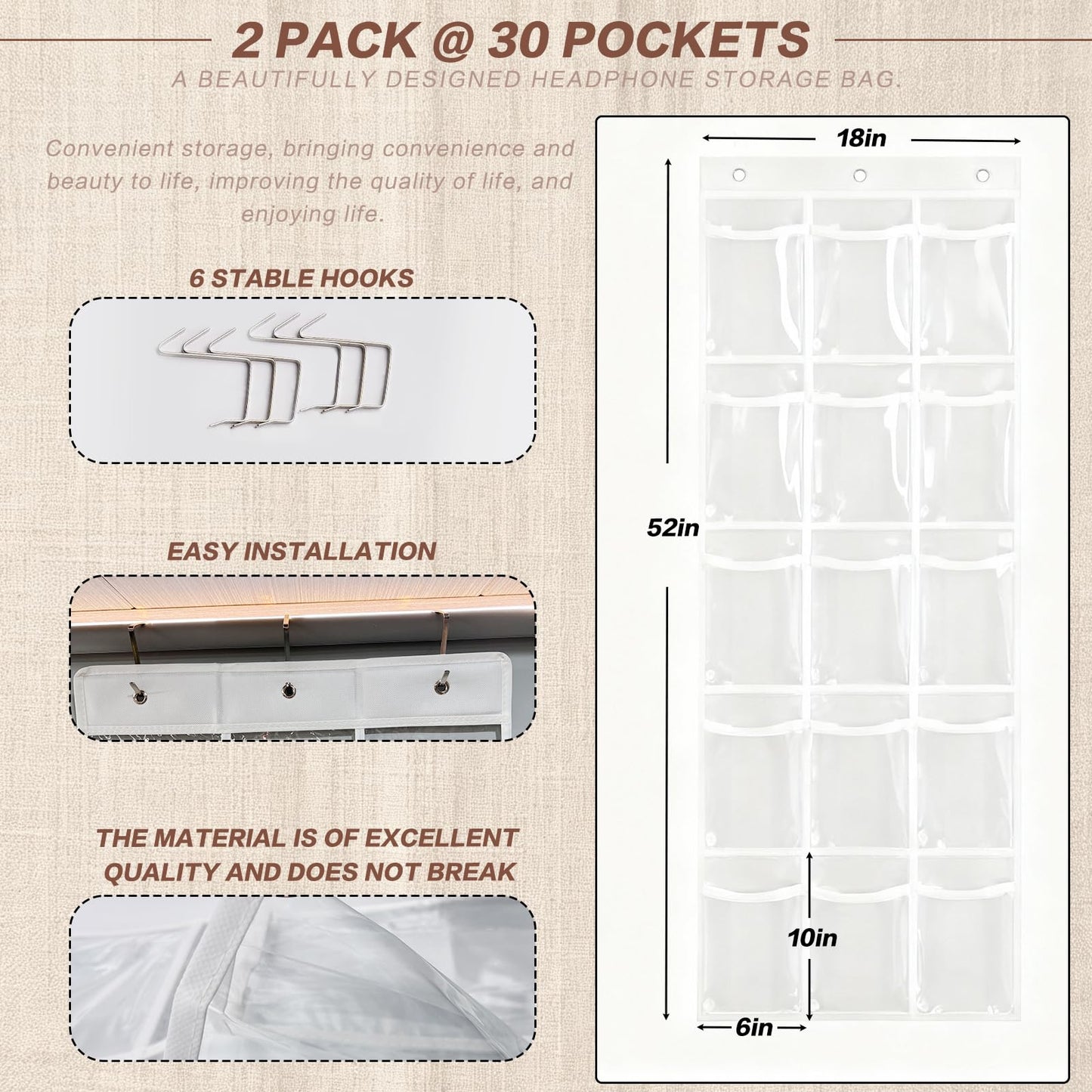 Bifrgmy 2 Pack Clear PVC Classroom Headphone Storage Organizer - 30 Pocket Over-the-Door Hanging Holder Bag for Headphones/Cell Phones, Includes 62 Labels