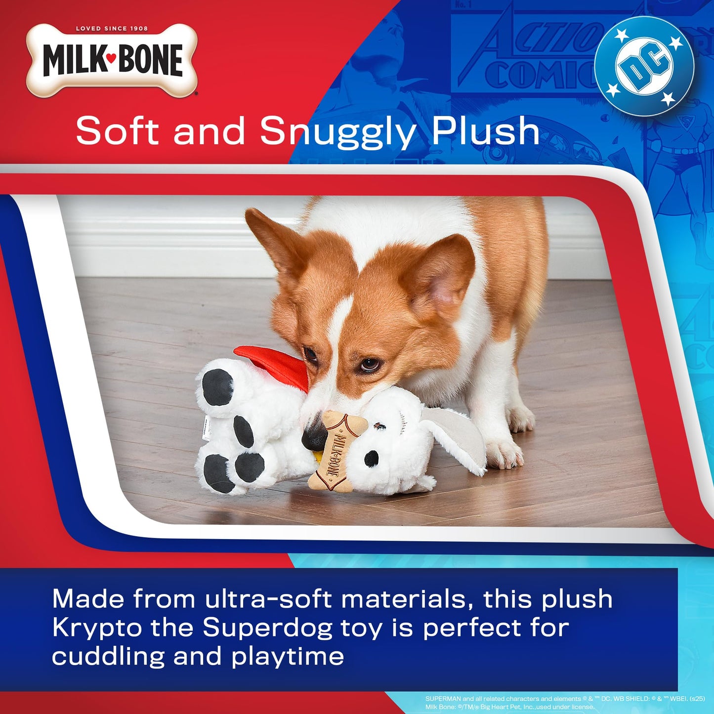 DC Comics Superman Krypto The Superdog Plush Dog Toy – Soft Squeaky Dog Toy with Crinkle Sounds, Cape & Milk-Bone Treat Design, 7.5 Inch
