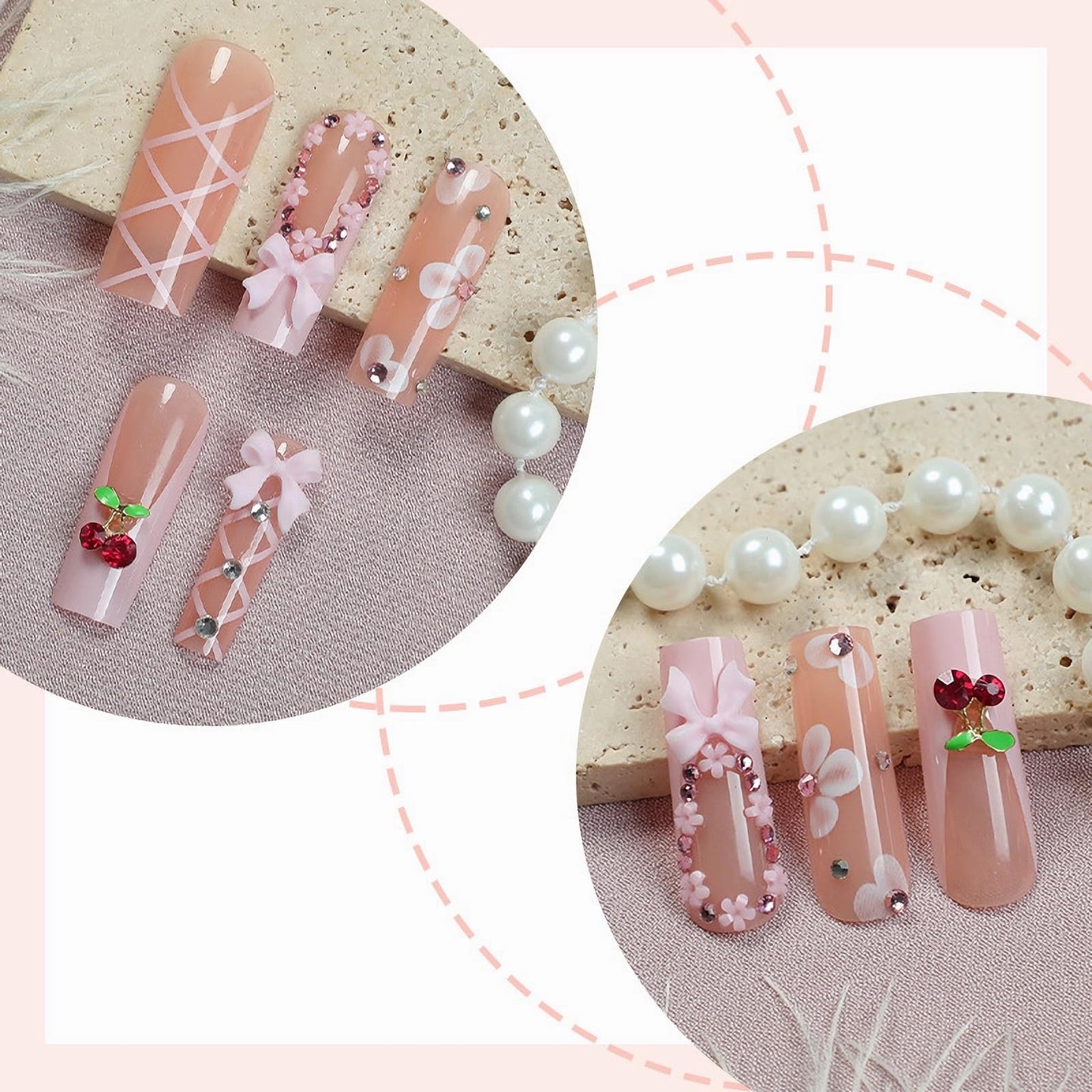 MISUD Press on Nails - Long Square Fake Nails with Pink, Acrylic Flower Cherry Design 24 pcs