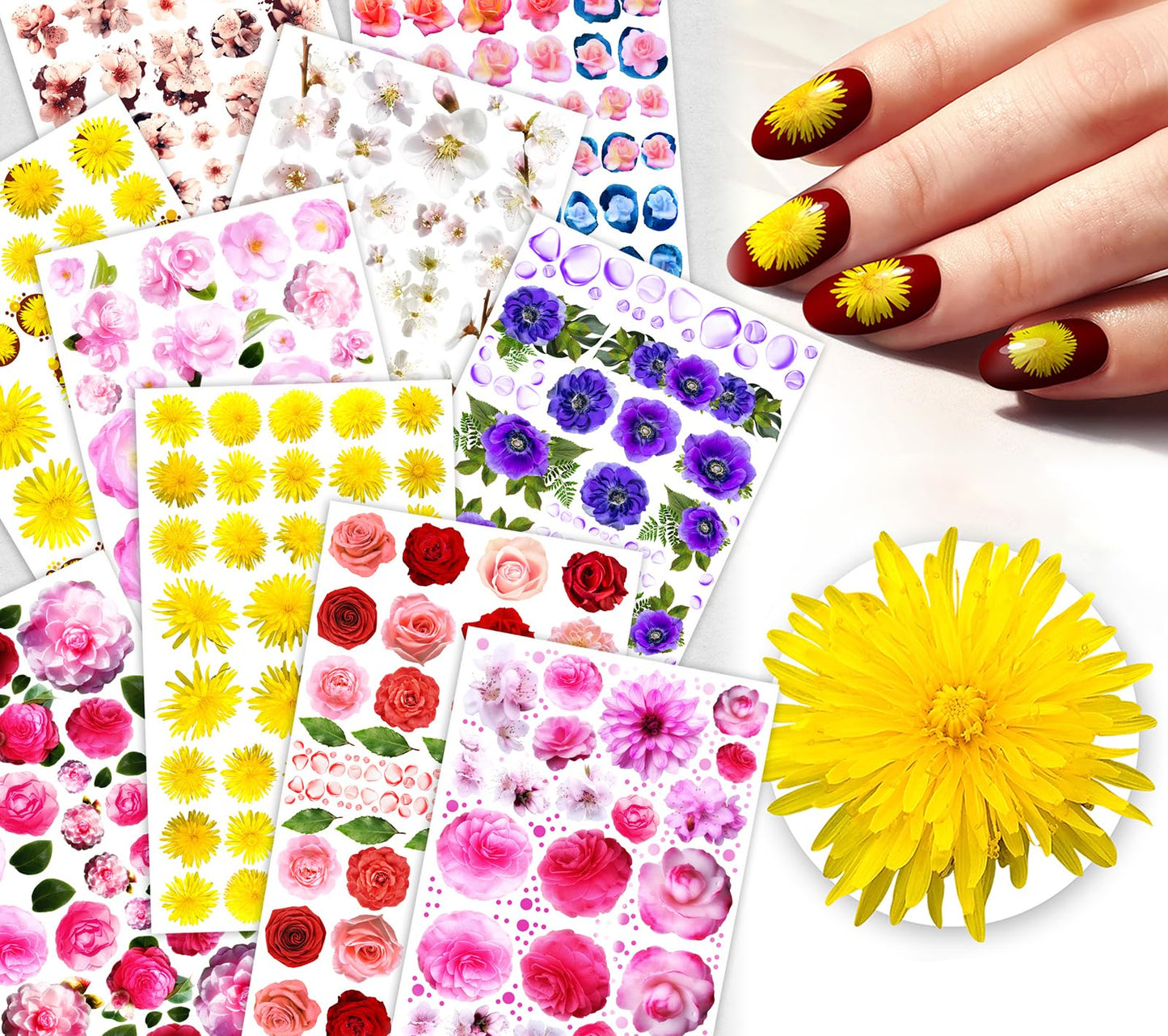 Nail Decals [10 Sheets] Spring Floral Nail Stickers Set Roses Blossoms Dandelions Petals Soft Pastel Flowers Bright Garden Variety Delicate Natural Designs for Fresh Elegant Manicure Styles Vibrant