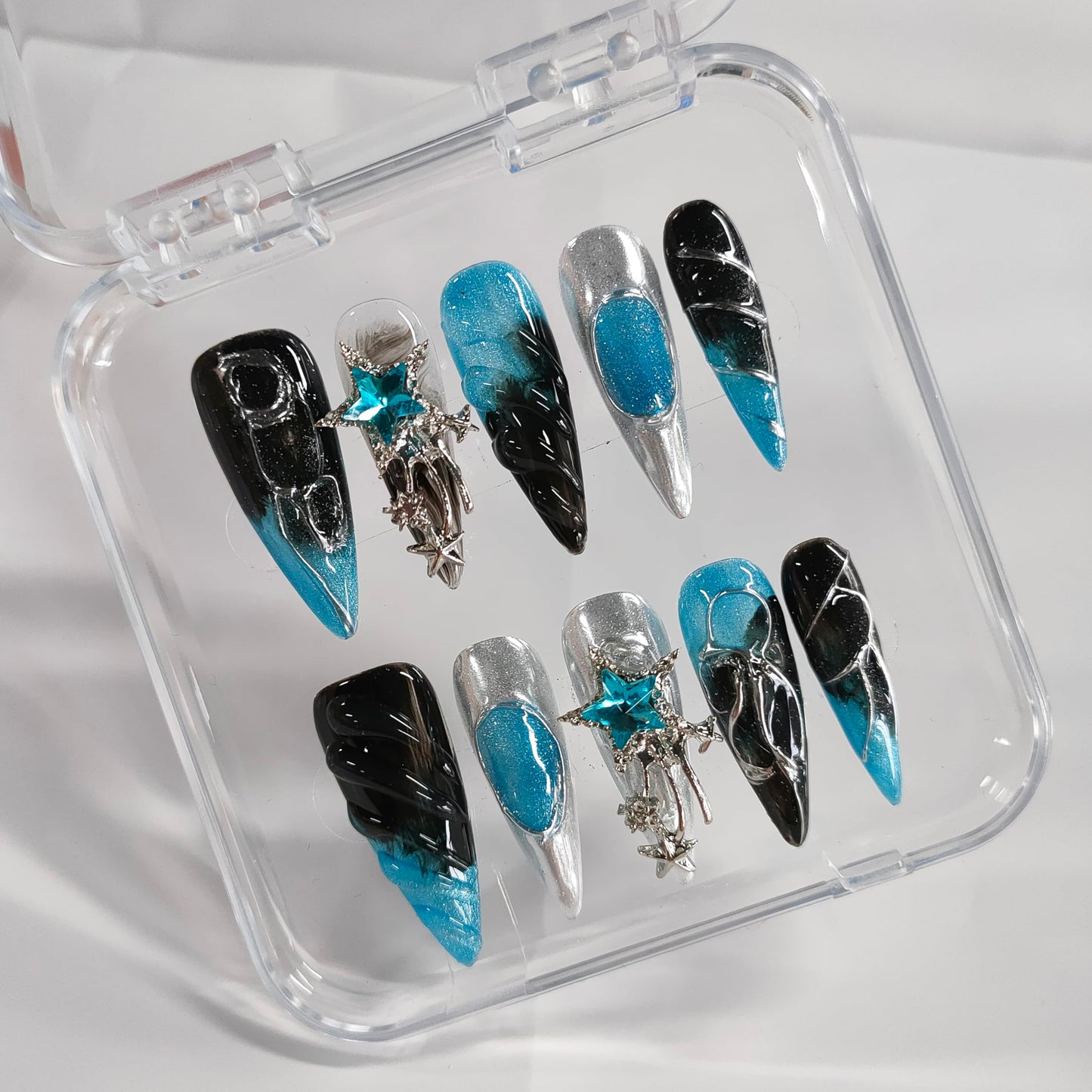 3D Stiletto Press on Nails Long Handmade Nails Y2K Thick Acrylic Fake Nails Black&Blue False Nails with Stars Silver Curve Line Rhinestones Designs Sturdy Nail Art Press on Nails 10Pcs(S)