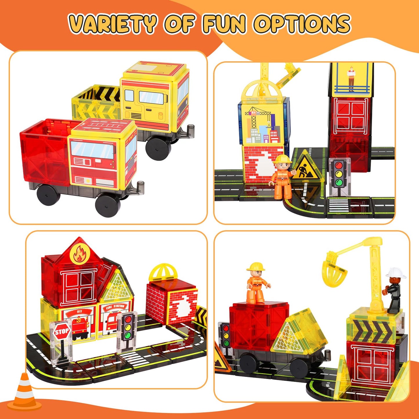 Magnetic Tiles Road Set with Fire Trucks & 2 Dolls, Double-Sided Magnet Tiles with 2 Cranes, Toys for Boys Ages 3-5 5-7, STEM Learning Construction Toys Include Car, Stations, Signs, Gifts for Kids 3+