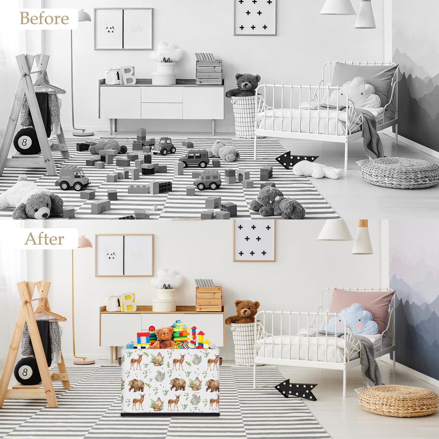 Rectangular Kids Bear Storage Basket Bins - Waterproof Foldable Woodland Animals Storage Box with Sturdy Metal Frame and Handles, Collapsible Organizer for Toys, Blankets in Kids Room Playroom Nursery
