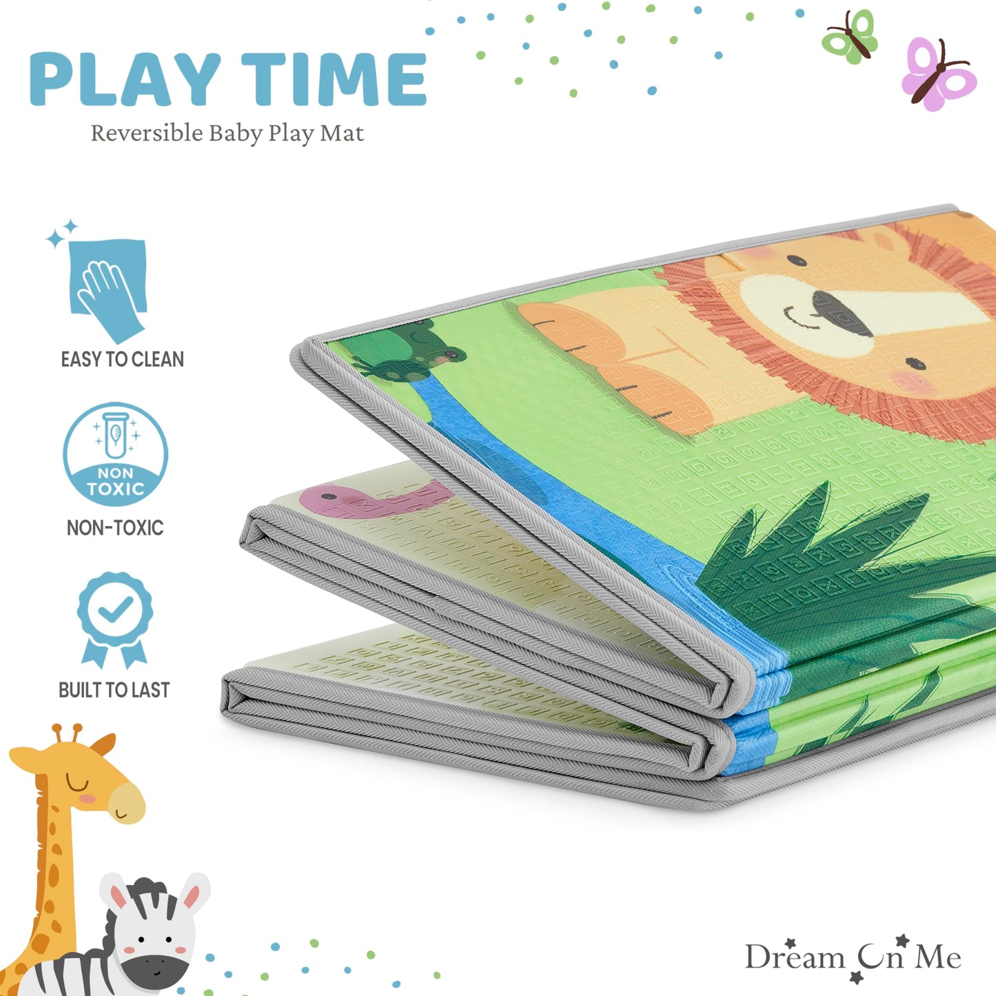 Dream On Me Play Time Reversible Baby Play Mat Foldable Extra Large Thick Foam Crawling Playmats for Toddlers Waterproof Portable Playmat, Happy Feet