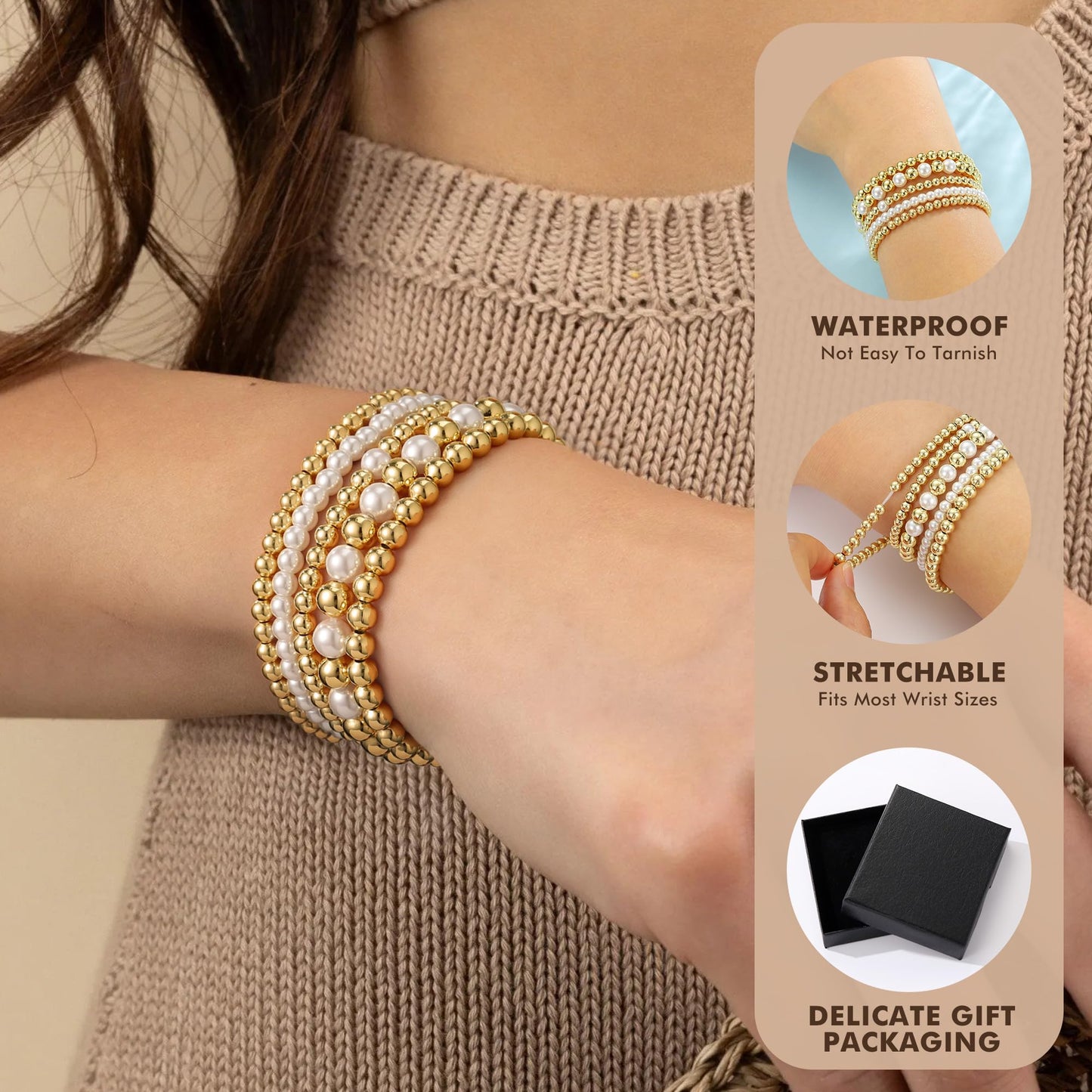 Yoosteel 14K Gold Plated Beaded Bracelet Set for Women, Dainty Bow & Pearl Stackable Stretch Bracelets, 5 Pcs Jewelry Gift