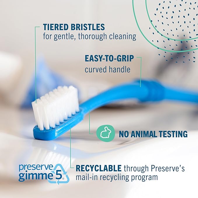 Preserve Eco Friendly Adult Toothbrushes, BPA Free, Made in The USA from Recycled Plastic, Lightweight Toothbrush in Travel Pouch, Medium Bristles Tooth Brush, Colors Vary, 6 Pack