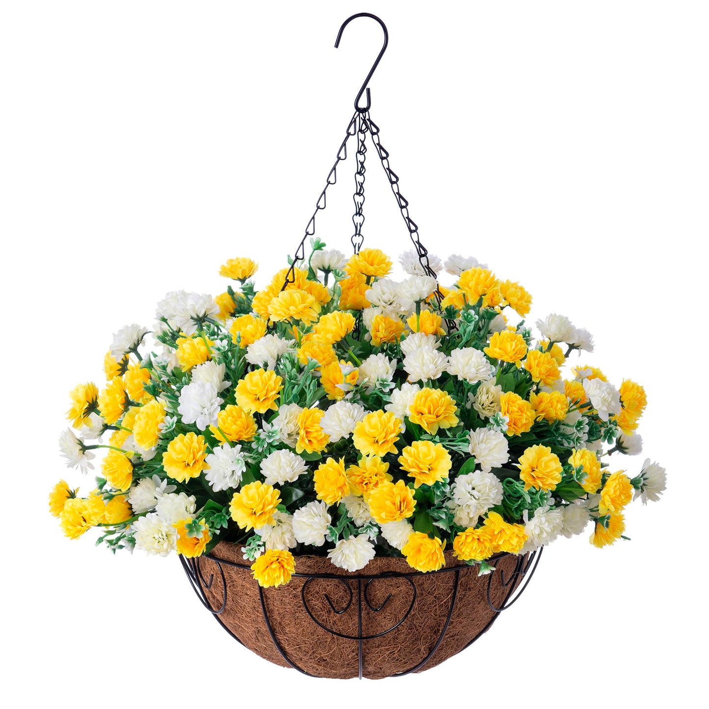 Artificial Hanging Flowers Basket for Spring Outdoors Decoration, Silk Mums Fake Flowers UV Resistant Look Real Daisy with Coconut Lining Baskets for Outside Porch Courtyard Decor(Yellow and White)