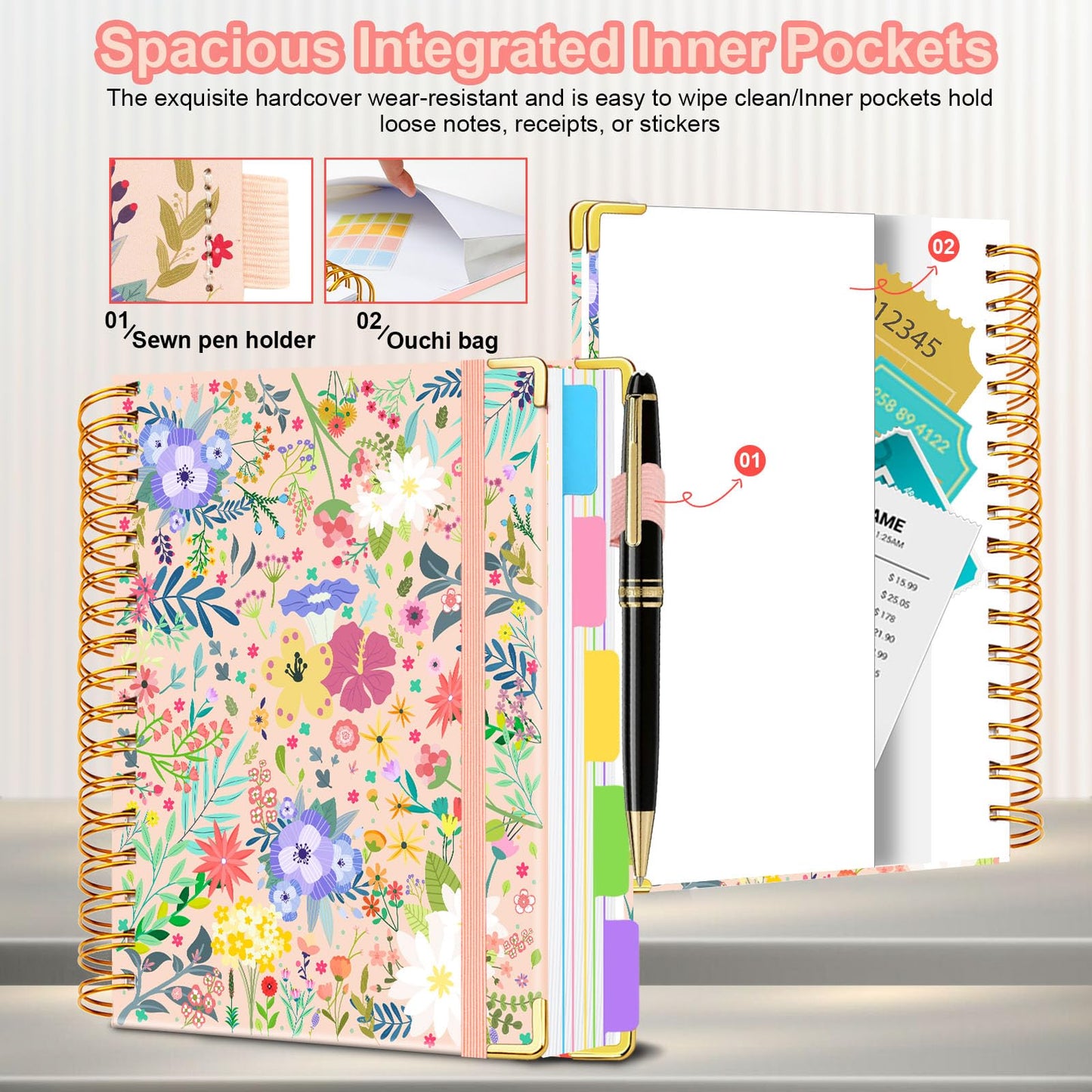 Spiral Journal Notebooks for Work, 300 Pages 5 Subject Notebook College Ruled with Dividers & Tabs, 8''x 10'' Large Notebook Journal for Women Students Note-Taking and Organizer (Beige Bloom)