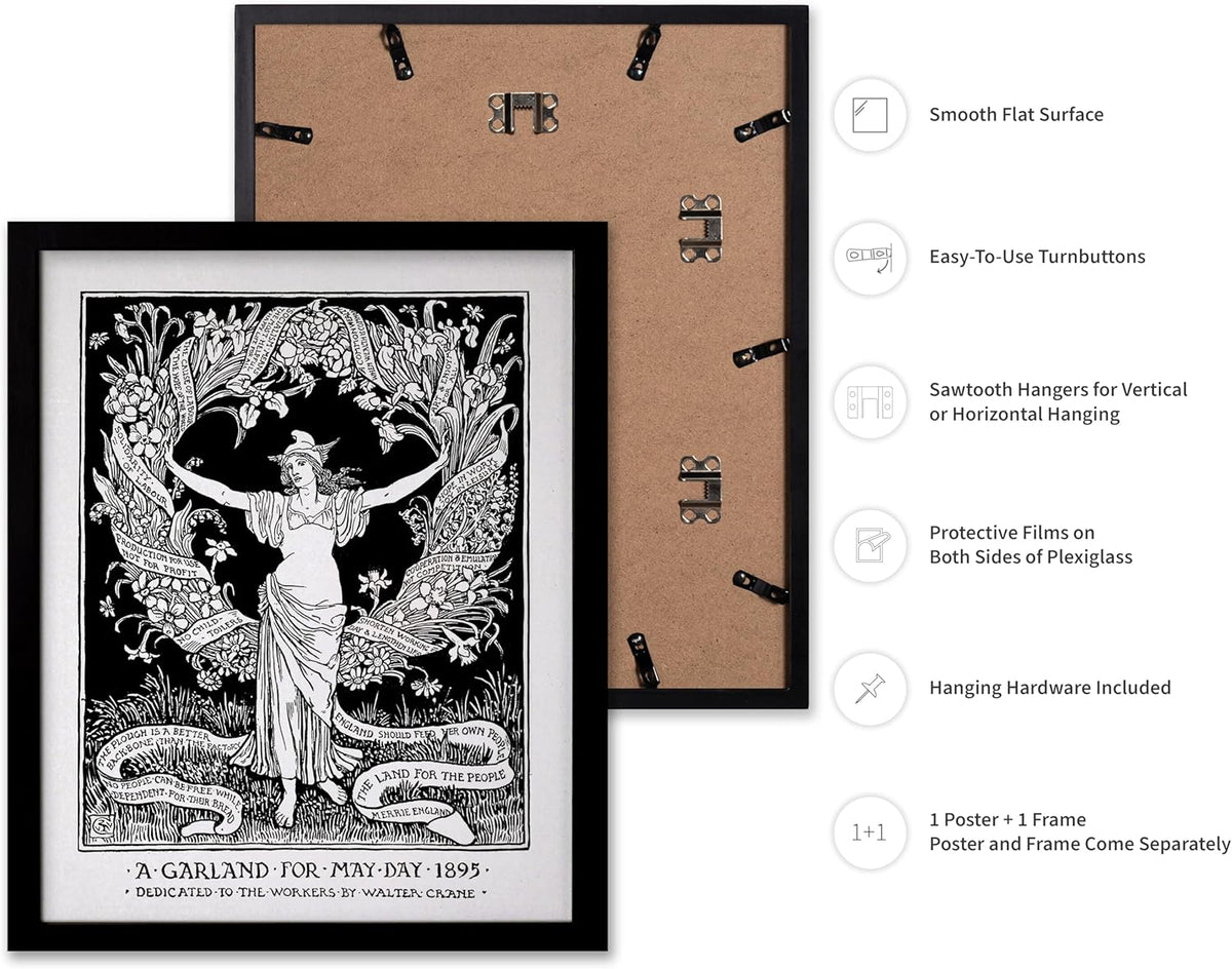 Poster Master Vintage Walter Crane Poster - Retro A Garland for May Day Print - Socialist Art - Gift for Him, Her, Men, Women - Wall Decor for Home, Office, Living Room, 8x10 Black Framed