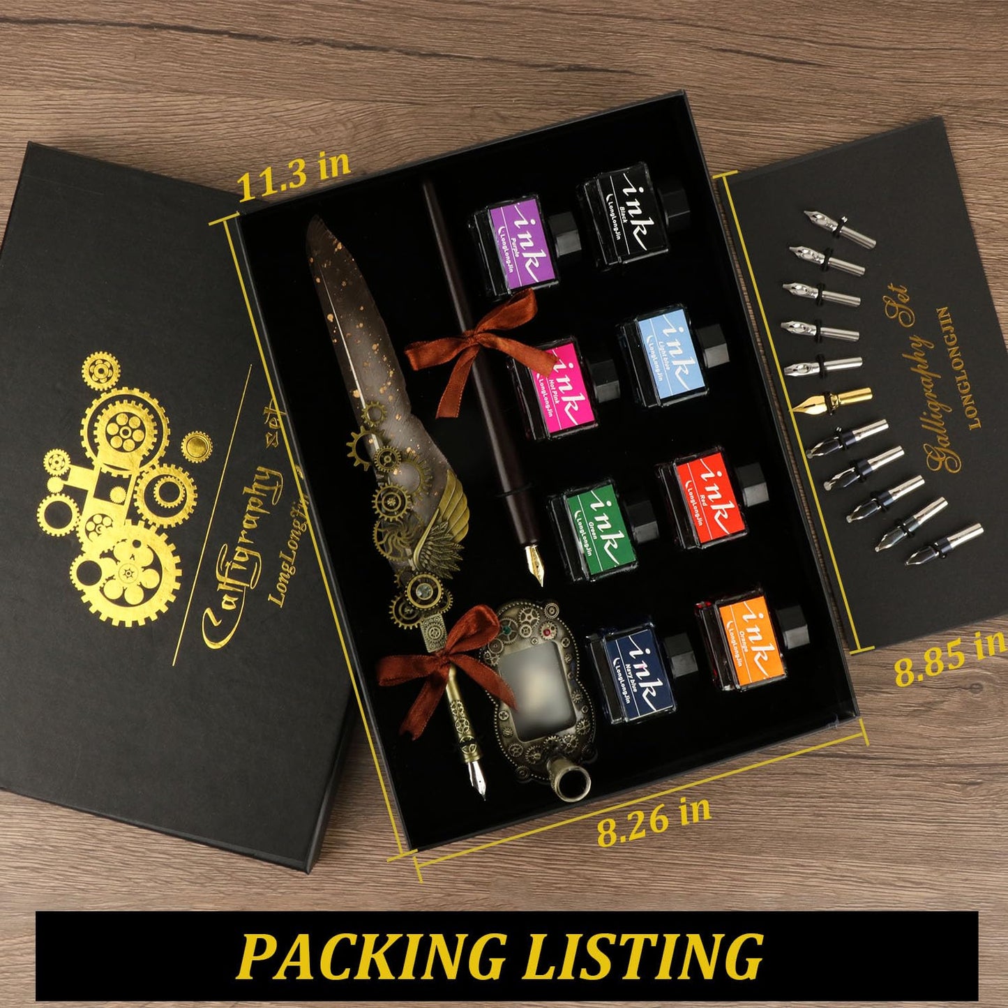 LongLongJin Calligraphy Pens and Ink Set - Calligraphy Kits for Beginners,Quill Pen Includes Dip Pen,8*Colors Ink,11*Calligraphy Pen Nibs（Grey）