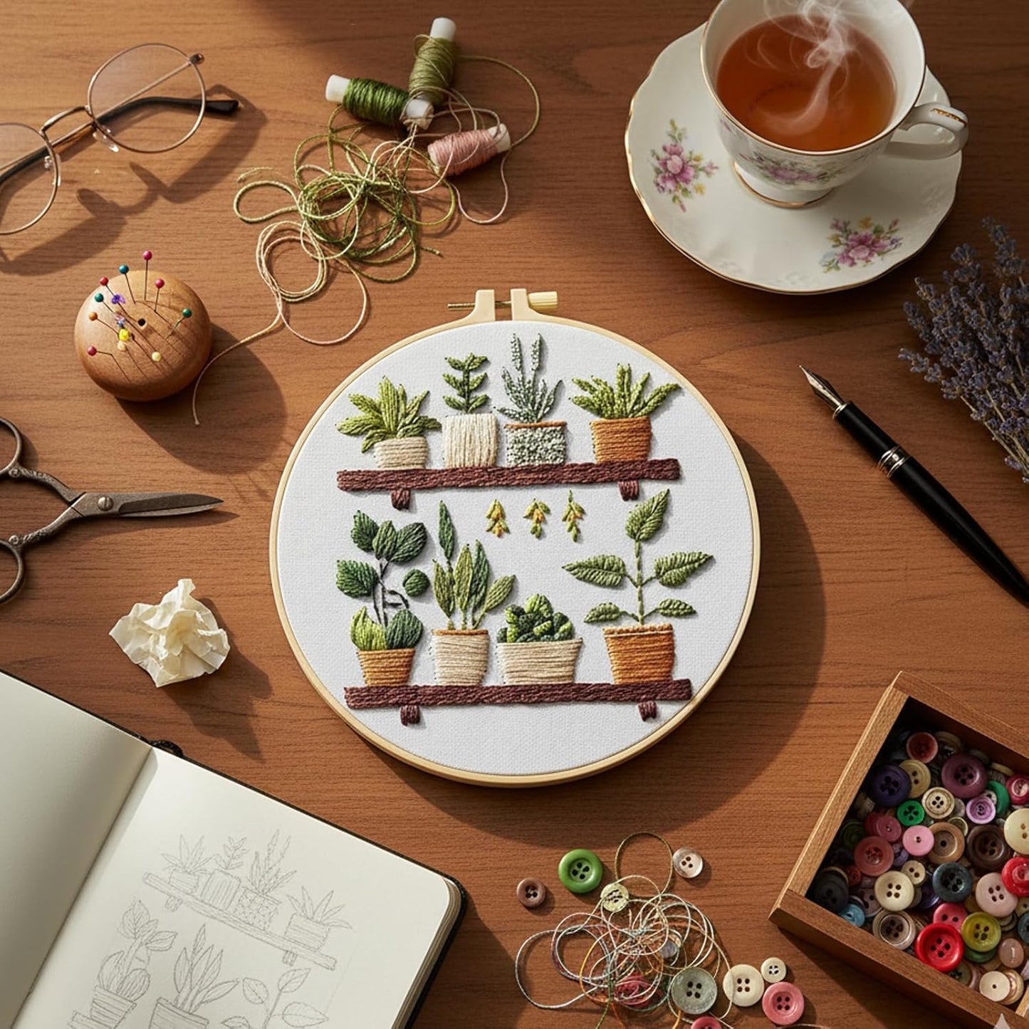 JINJUMEI Embroidery Kit for Beginners, Full Range Embroidery Kit for Adult, Green Plant Pattern Embroidery Kit for Beginners Include Embroidery Cloth Hoops Threads for Embroidery Beginners