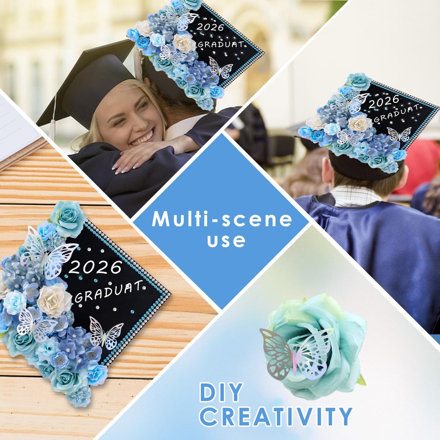 60 PCS Graduation Cap Decorations 2026Graduation Cap Decorations Kit 3DButterfly Stickers Graduation Cap Flowers DIY Graduation Cap Decorations Kit Graduation Party (Blue)