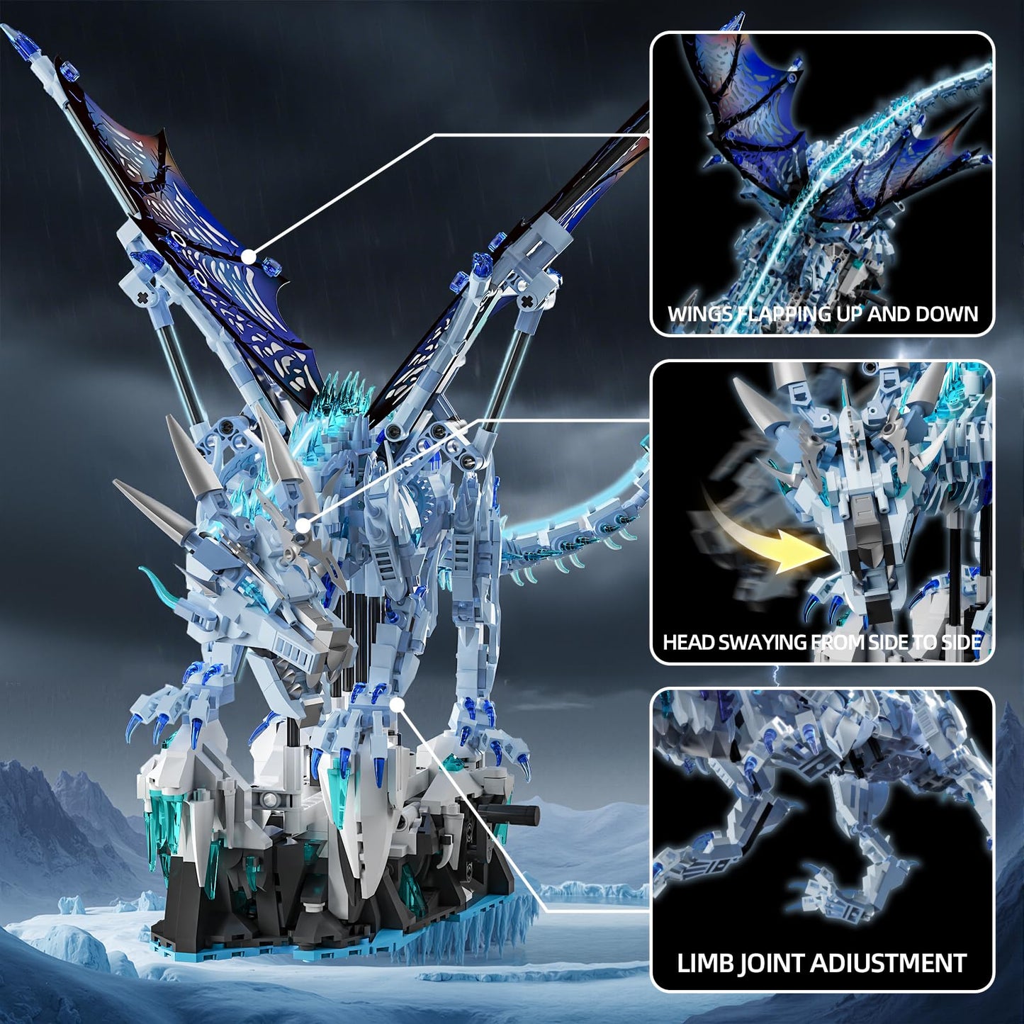Myth Qholve Mechanical Dark Ice Dragon Building Block Set with Hand Crank Motion Movable Head, Wings & Limbs Fantasy Dragon Model Kit for Teens & Adults