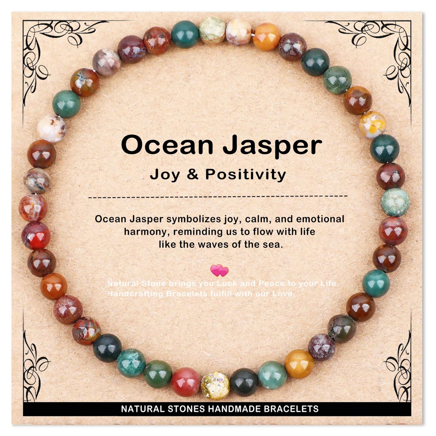AD Beads 4mm Handmade Ocean Jasper Elastic Bracelet – Natural Gemstone for Joy & Positivity – Meditation, Yoga, Healing and Energy Gift for Men Women