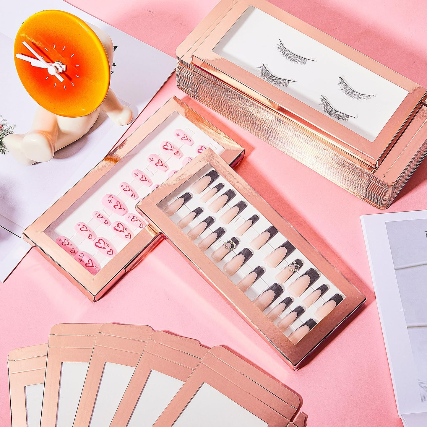 Yeaqee 100 Pieces Empty Nail Package Box with 100 Pcs White Background Papers Empty Nail Tip Box Packaging with 240 Pcs Adhesive Double Sided Tape Set for Press on Business Salon(X-Large)