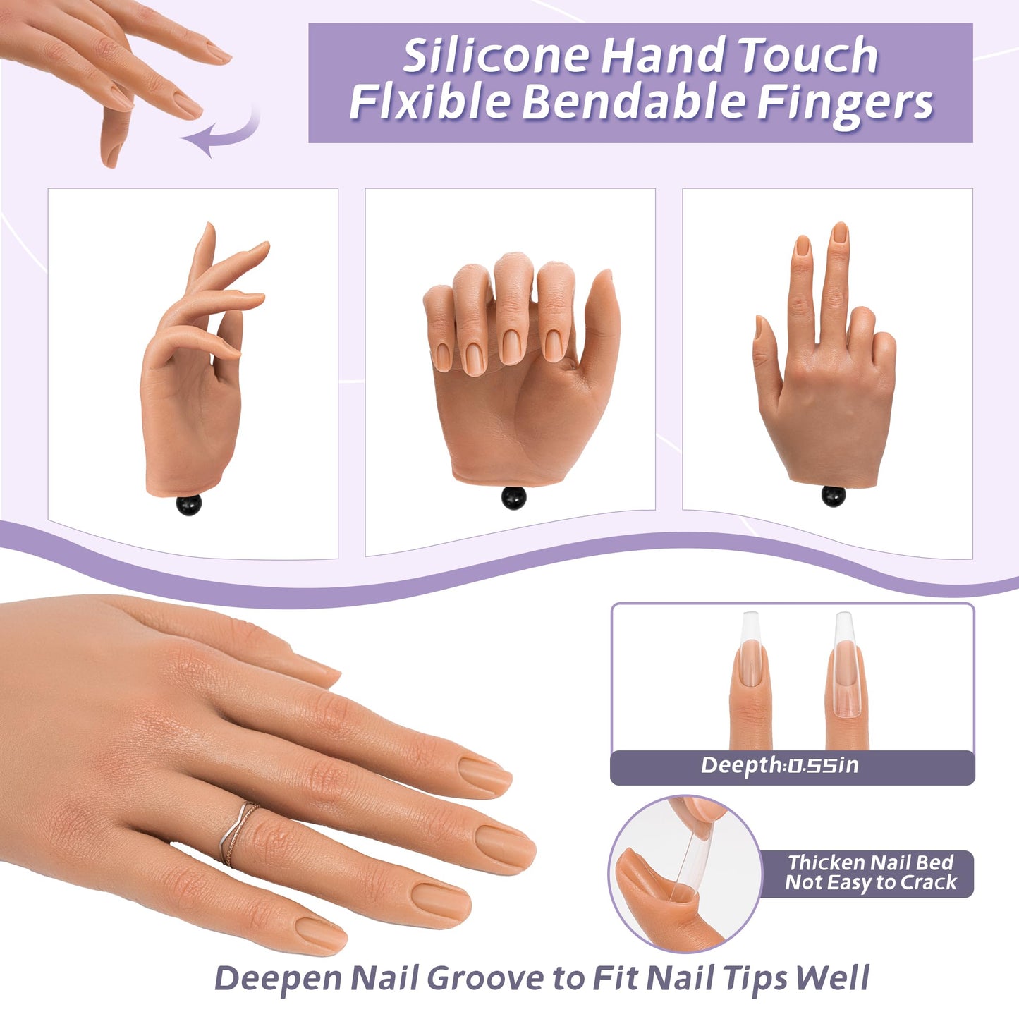 Veikmv Practice Hand for Acrylic Nails,Realistic Silicone Mannequin Hand with Flexible Fingers for Acrylic Nails, Gel Polish Training, Complete Nail Art Beginner Set with Brush & File