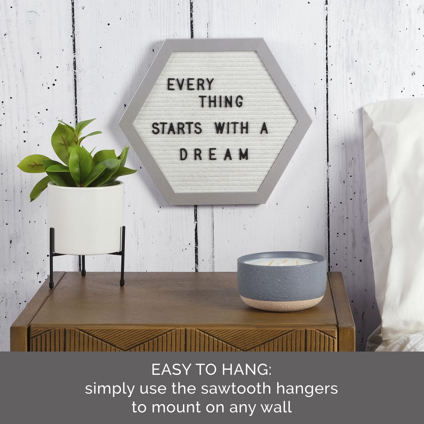 Melannco Felt Letter Board, Hexagonal, with Letters & Numbers, for Announcements, White & Silver