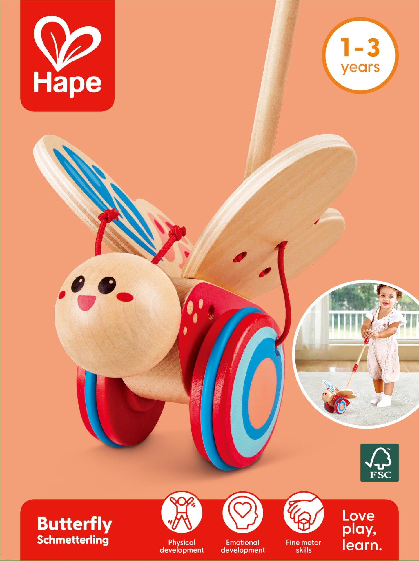 Award Winning Hape Butterfly Wooden Push and Pull Walking Toy, L: 6.3, W: 5.8, H: 22.2 inch, Red