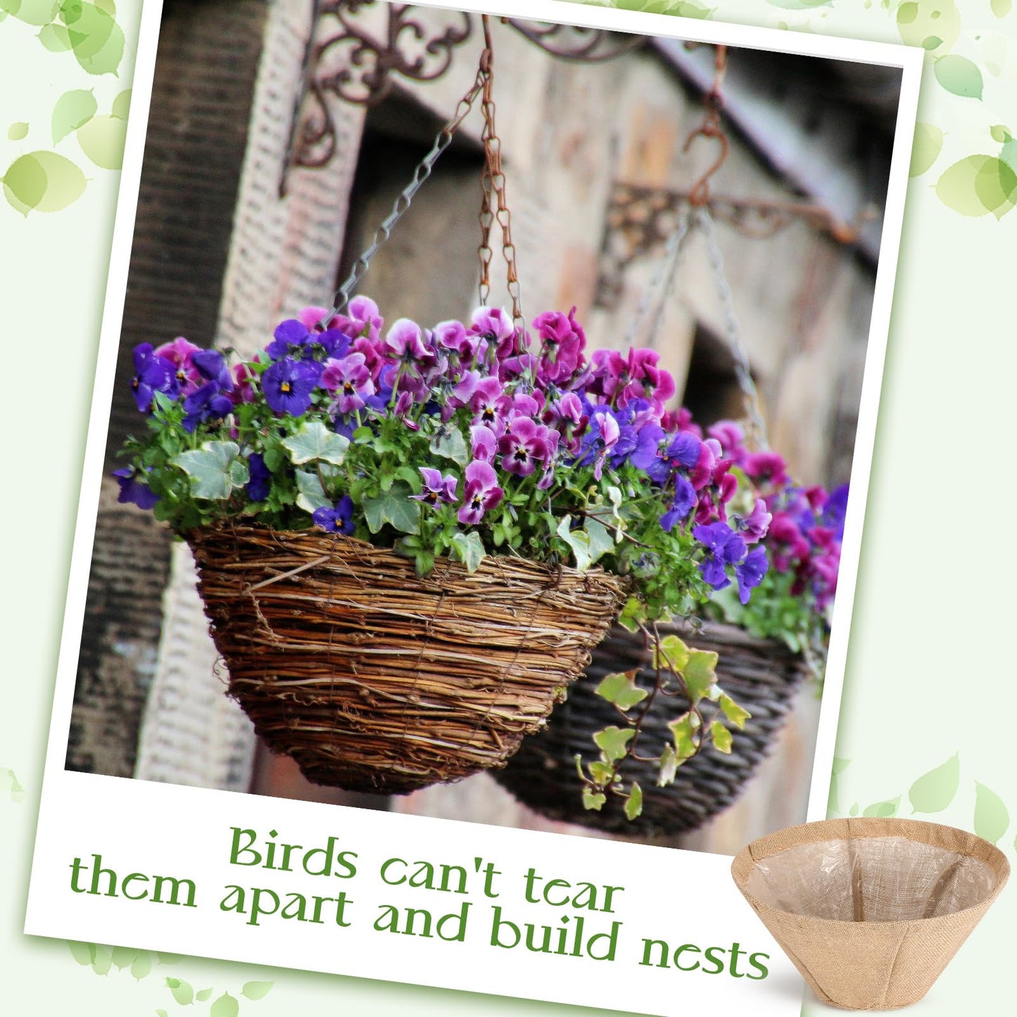 Novabright 4 Pack Round Burlap Liners with Drainage Hole and Plastic Interior Liner 14 Inch Rustic Burlap Planter Liner for 14" Diameter Hanging Baskets