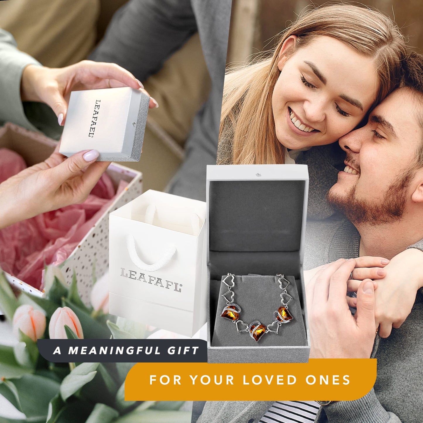 Leafael Infinity Love Heart Gift Bracelet for Women, November Birthstone Crystal, Amber Brown, Silver Tone, 7-inch Chain and 2-inch Extender
