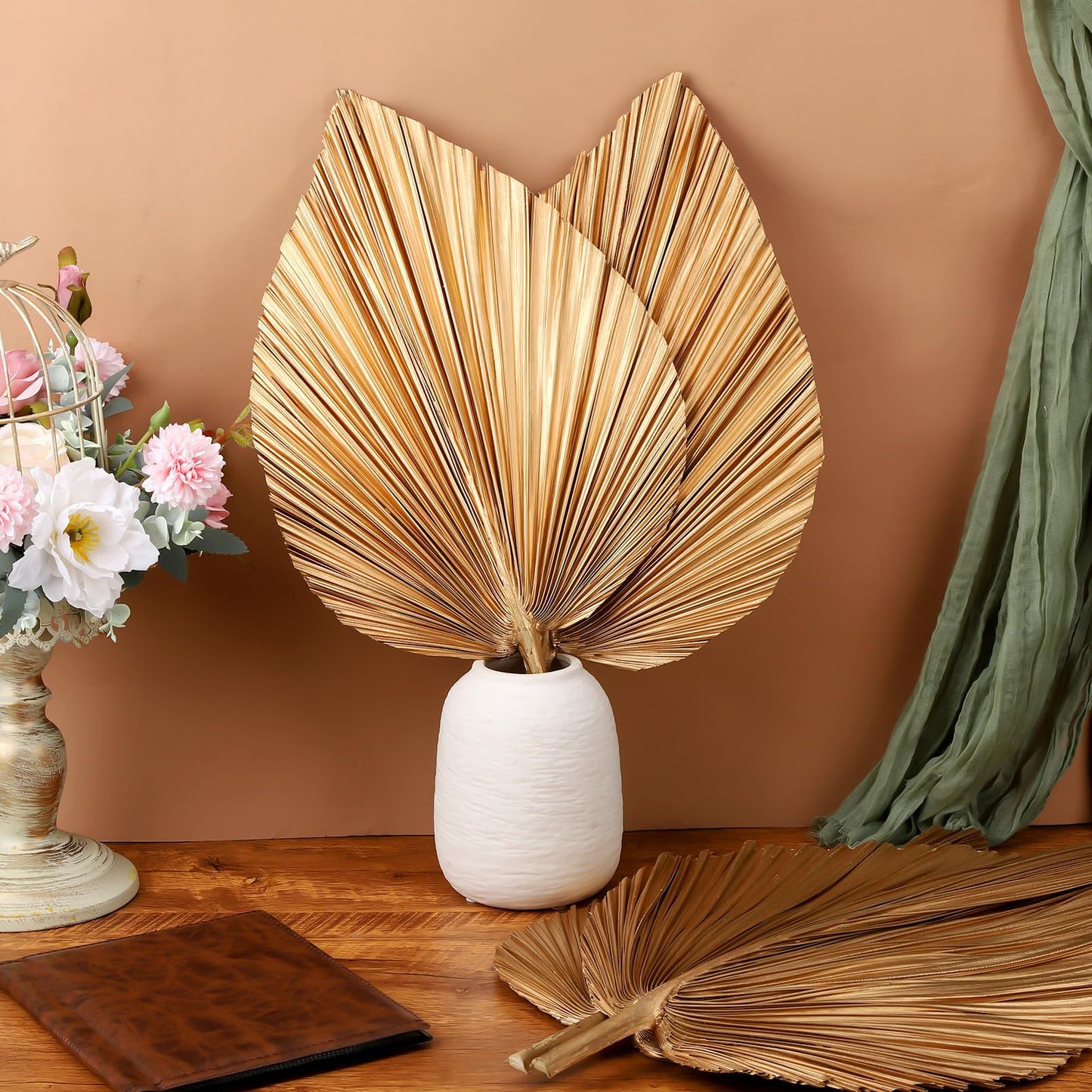 Ovveroche 4 Pcs Large Gold Dried Palm Leaves, Home Wedding Decor Natural Boho Dried Palm Fans with Stem,Tropical Palm Leaves Boho for Vase Baby Shower Anniversary