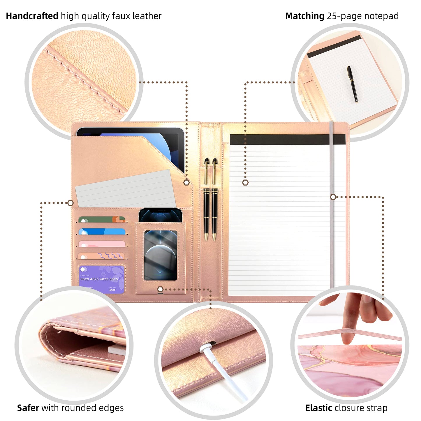 Leather Portfolio Binder Folder Storage Clipboard Pink Padfolio for School Side Straps Document Organizer