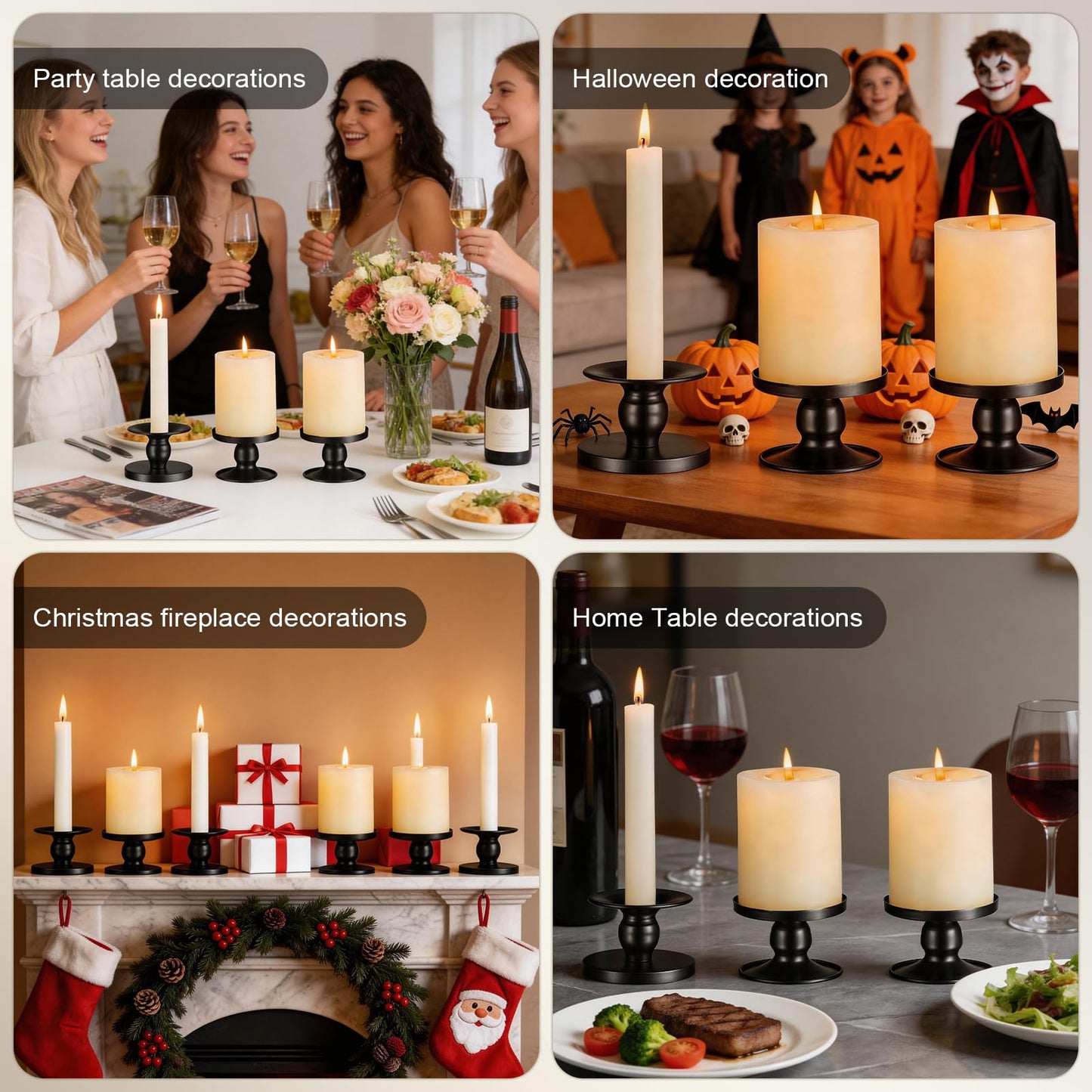 Pillar & Taper Dual Candle Holder: Fit 3" D and 0.87" D Candles - Stable Wide Base & Easy Clean - Smooth Metal Texture Candlestick for Holiday Home Table Centerpiece Decor - Set of 3 Gift (Black)