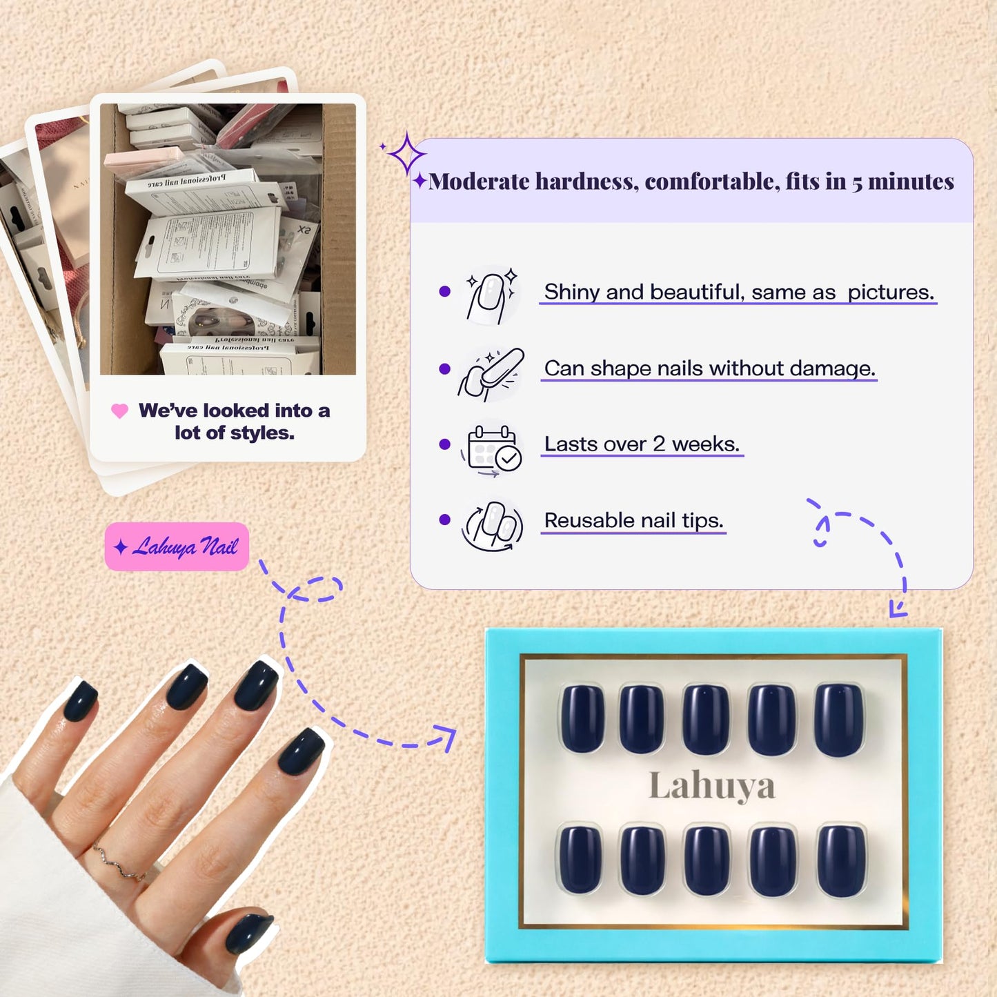 LAHUYA Press On Nails – Navy Blue | Nail Artist Designed Short Squoval Fake Nails with Glossy Navy Blue Finish, Reusable Press On Nails in 15 Sizes – 30 Nails Kit with Glue