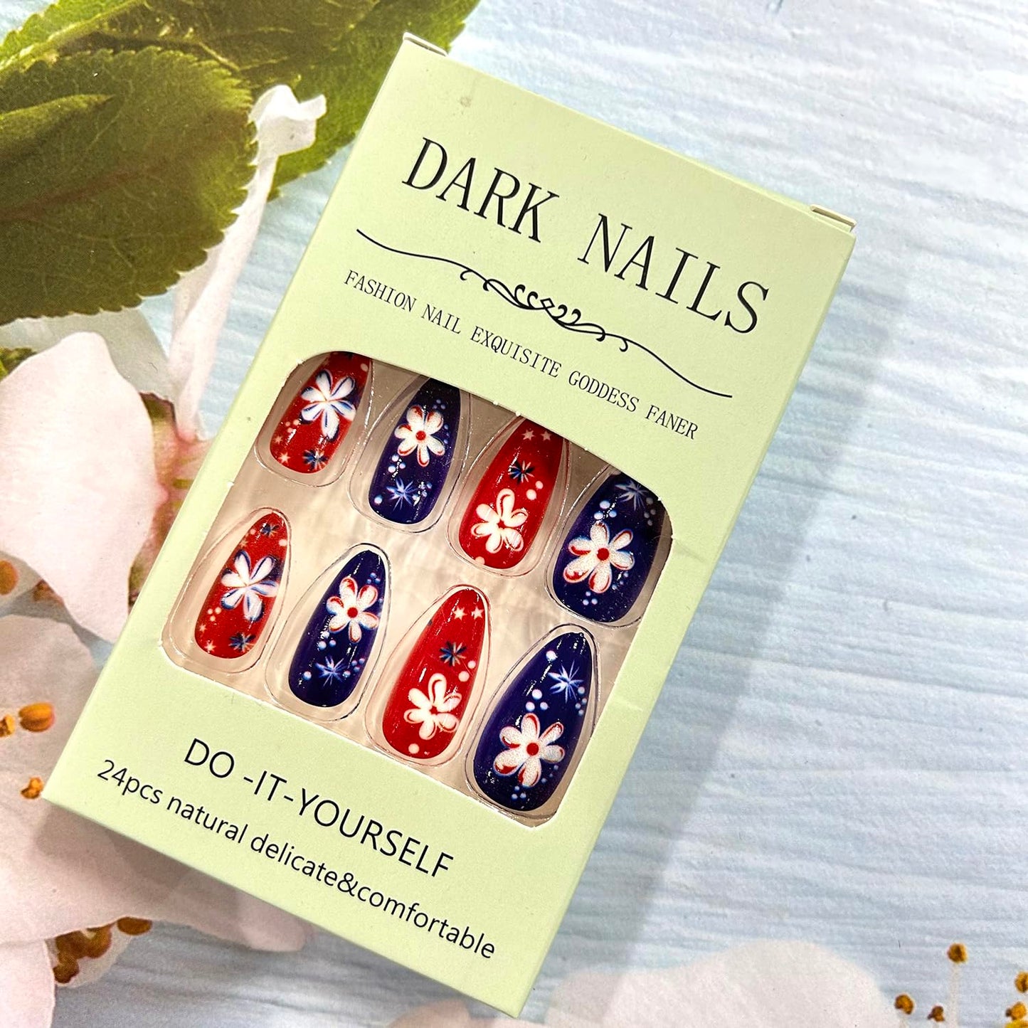 24Pcs July 4th Independence Day Almond Tip Press on Nails Medium Flower Pattern Design Patriotic False Nail Full Cover Glossy Press Ons Acrylic Artificial Fingernails Holiday Stick on Nail for Women