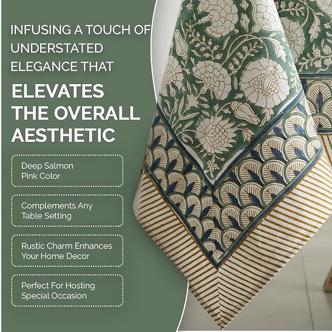 Labhanshi Indian Handblock Print Floral Cotton Rectangle 72x135 Inch 10-Seater Dining Tablecloth|Washable Spring St. Patrick Picnic Outdoor Camping Festive Easter Table Cover|Moss Green