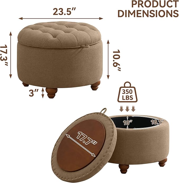 24Inch Round Storage Ottoman with Tray, Modern Tufted Fabric Circle Coffee Table with Storage, Upholstered Ottoman with Removable Top for Living Room, Bedroom, Brown