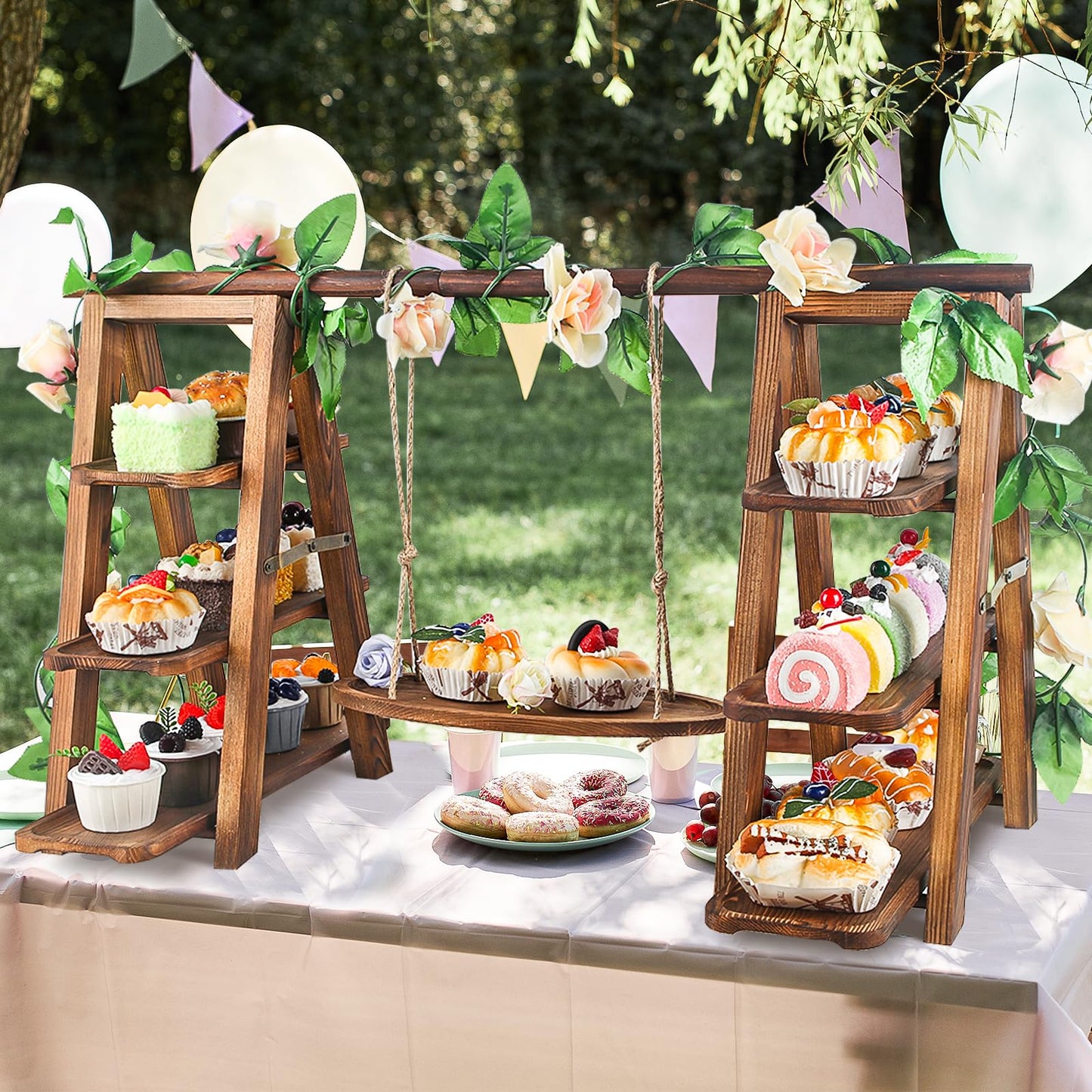 Wisreach Wooden 3 Tier Cupcake Stand with Swing and Flower Decoration Serving Removable Tray Display Serving Ladder Foldable Stand with Serving Platter Tray Party Food Display Set for Cake Snack Fruit Chips Bread Centerpieces Catering