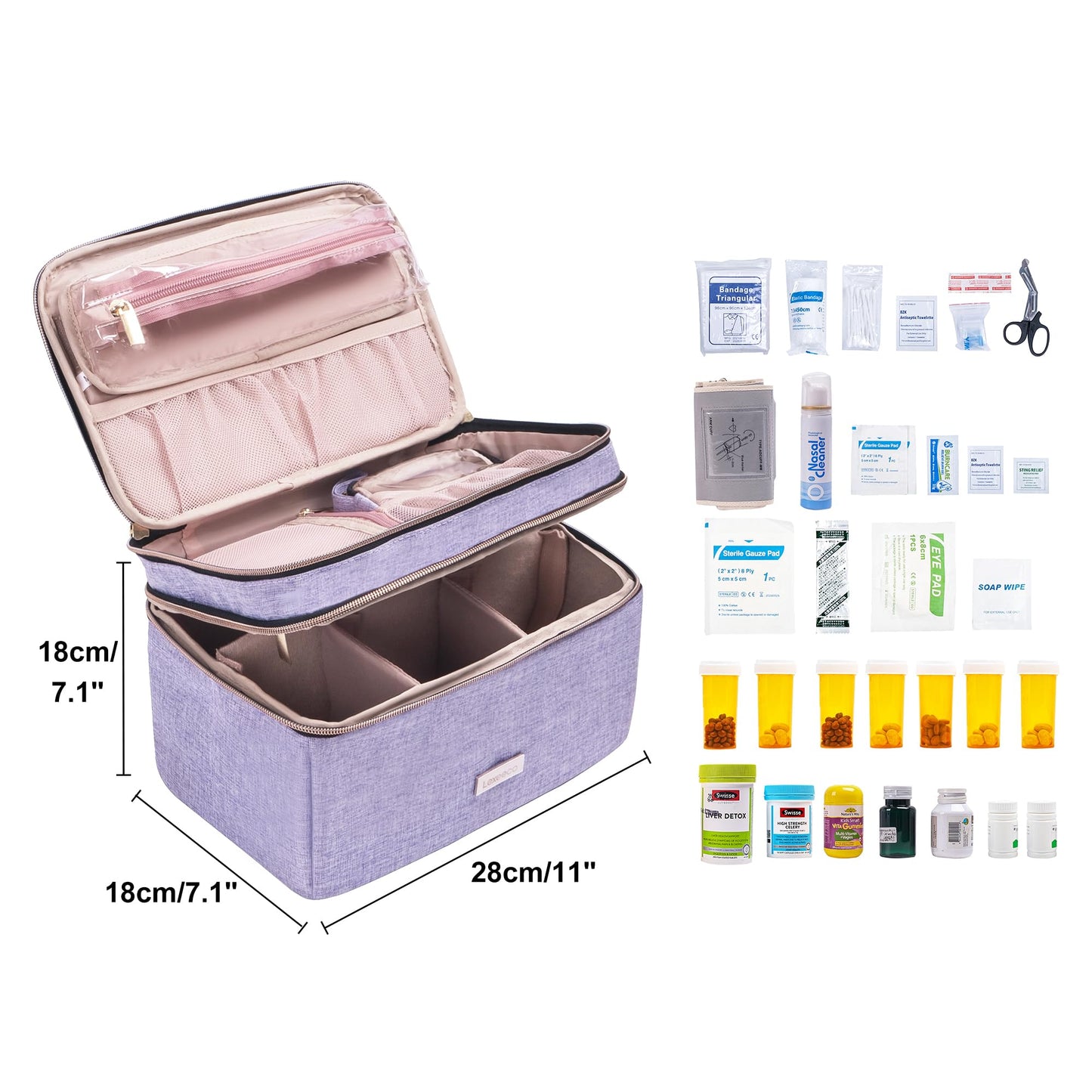 Lexeeco Medicine Storage Bag Pill Bottle Organizer with Portable Small Pouch Travel Medication Bottle Organizer for Emergency Home First Aid Box Kit (Purple)