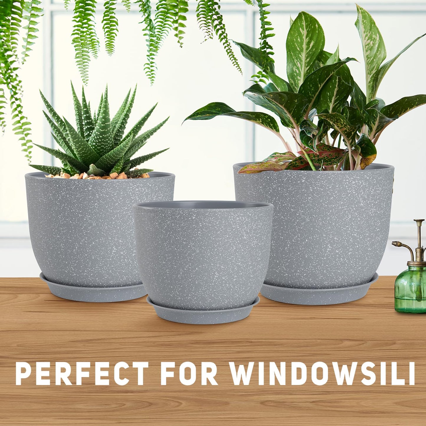 YNNICO Plant Pots 10/9/8/7.5/7 inch Flower Pots with Multi Mesh Drainage Holes, Planters for Indoor Outdoor Garden Plants and Flowers. (Gray)