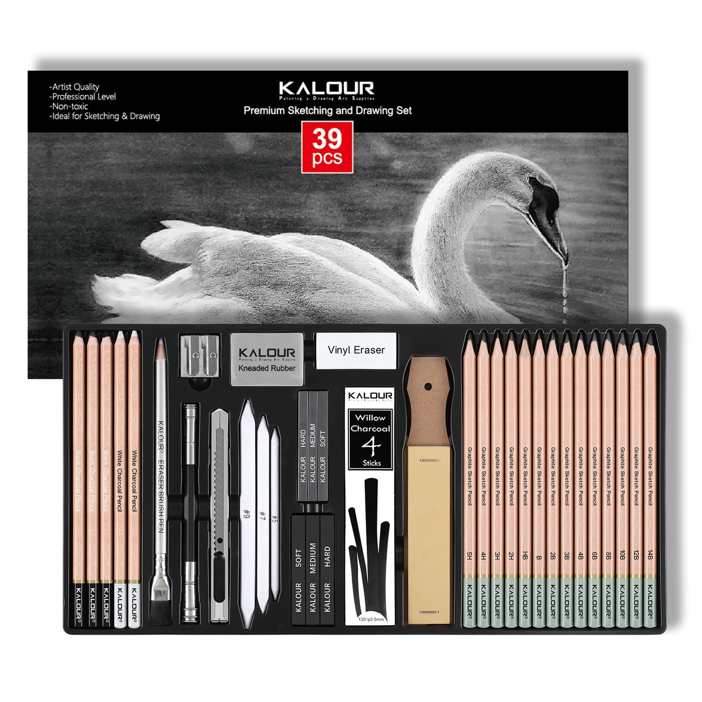 KALOUR PDAS 39pcs Drawing Pencil Set, Professional Sketch Pencils (5H-14B), Black and White Charcoal Pencils for Sketching, Eraser Brush Pen, Charcoal Sticks, Art Pencils Set for Artists & Beginners