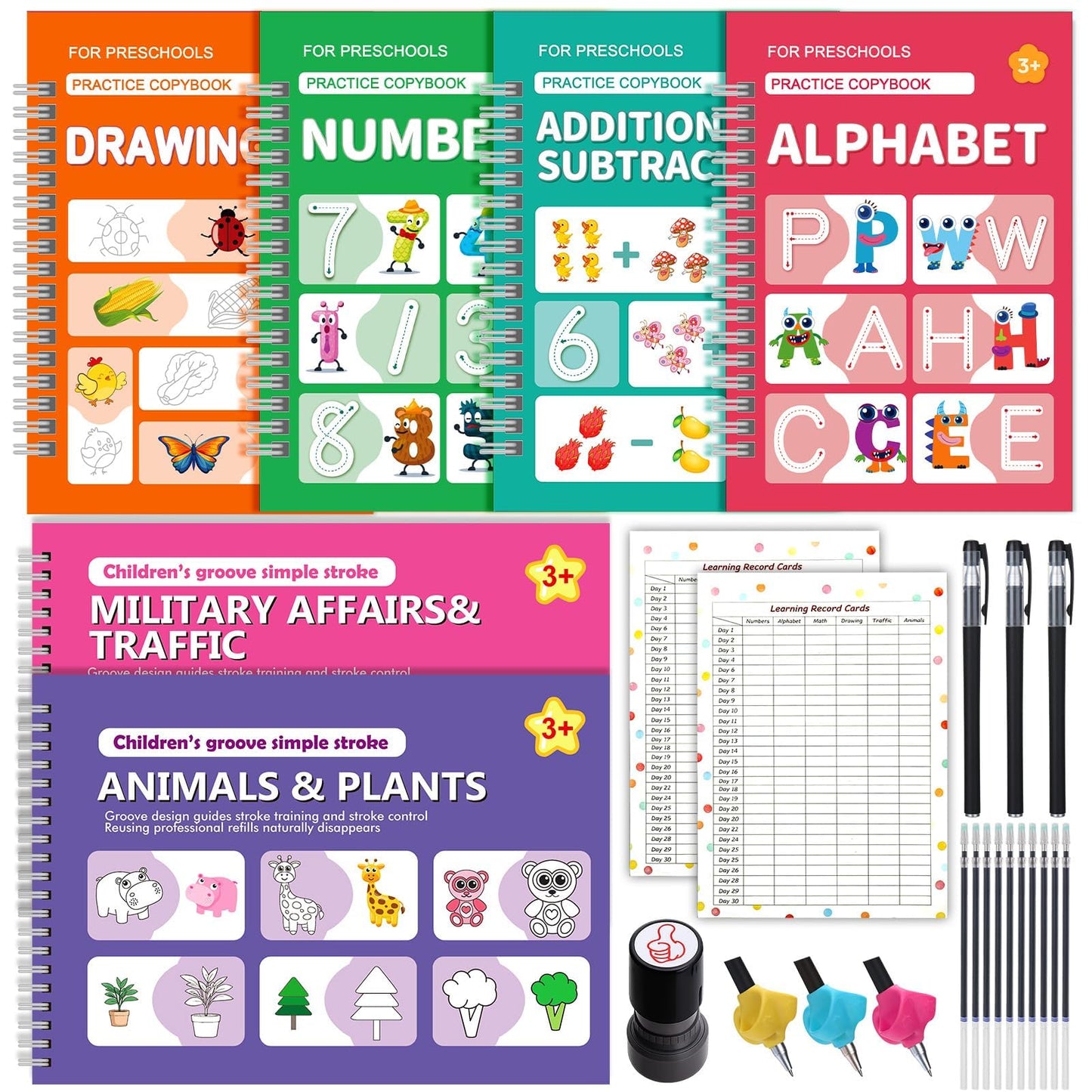 6 Pack Magic Grooved Writing Practice Books for Kids,Reusable Handwriting Practice with Pen,Pencil Grisp,Cute Seal and Learning Schedule ,Pecfect Tracing Copybook for Kindergarten Preschool Age 3-8
