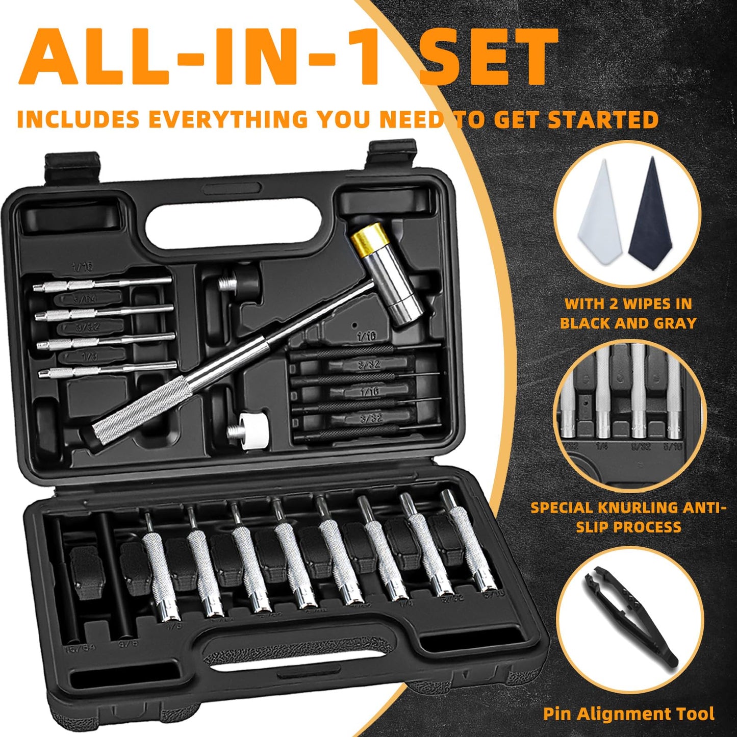 BESTNULE Punch Set, Pin Punches, Punch Tool, Roll Pin Punch Set, Made of High Quality Metal Material Including Punches and Hammer, Mechanical Repair Tool, with Organizer Storage Box (with Bench Block)