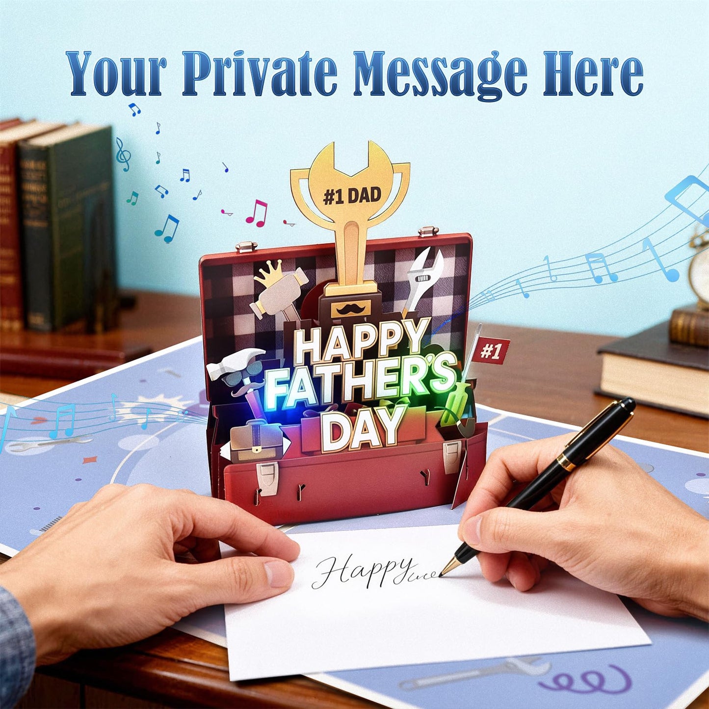 Leopong Father's Day Pop Up Card, Musical & LED Lighted 3D Toolbox,Unique Greeting Gift for Dad/Husband
