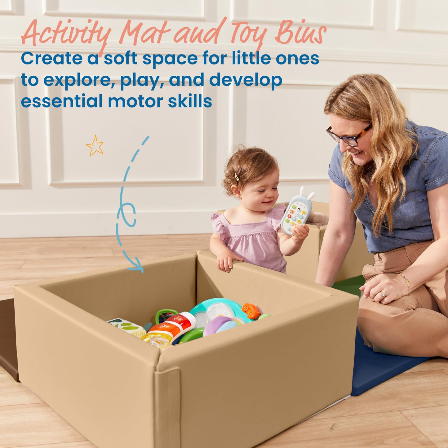 ECR4Kids SoftZone Play Patch Activity Mat and Toy Bins, Beginner Playset, Earthtone, 6-Piece