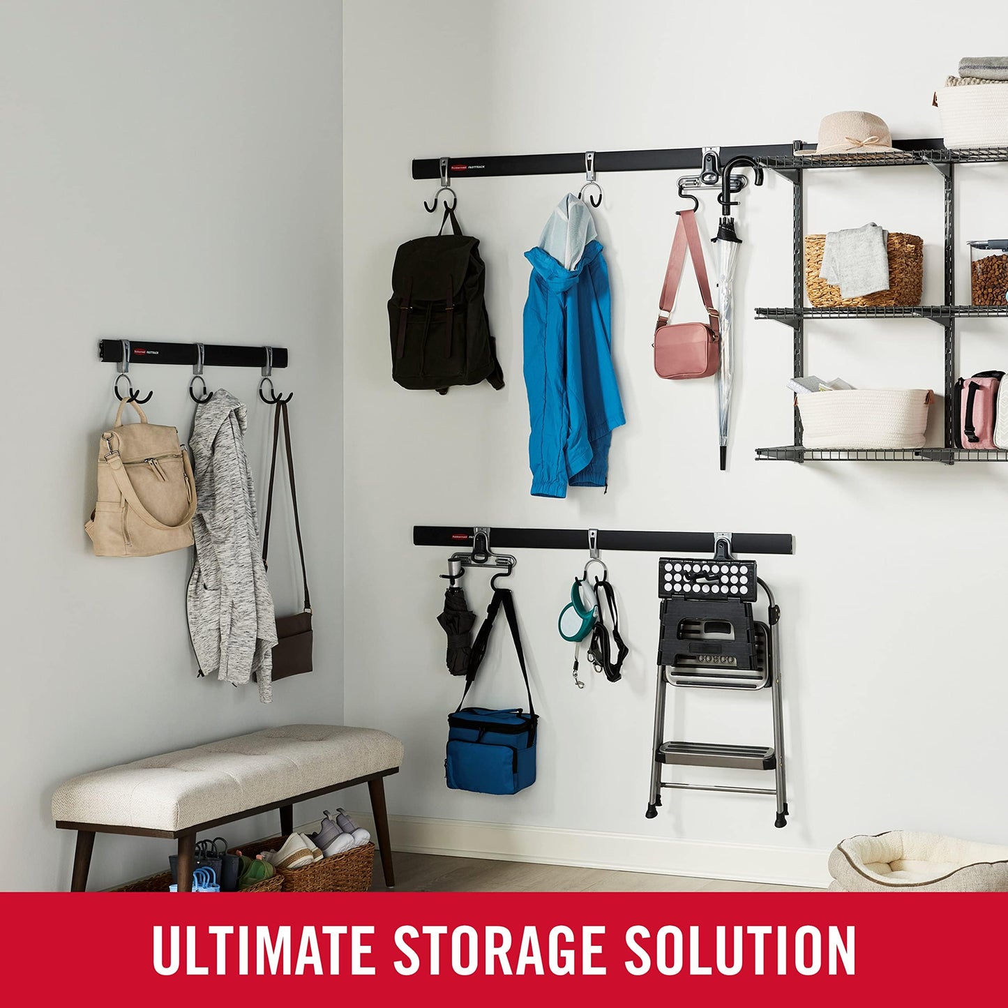Rubbermaid FastTrack Garage Storage Utility Hooks 5 Piece Black All in One Rail Hook Kit and Tool Organizer Heavy Duty for Home/Garage/Shed/Garden