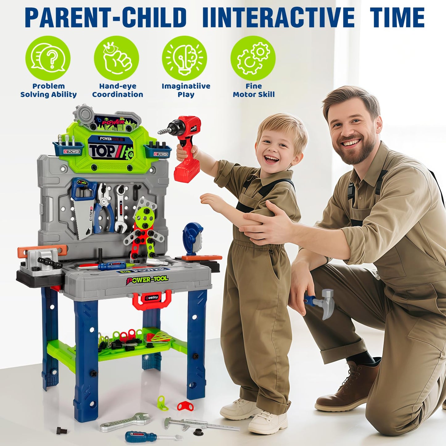 Kids Tool Bench Set with Electric Drill and Realistic Tools, Construction Workbench Playset Toy for Toddler 3-5, Easy Set up, Kids Boy Toys, Birthday Gifts for Boys Age 3 4 5 Year Old