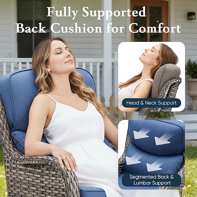 Belord Luxury 6" Thick Cushioned 10 Pieces Patio Furniture Set with Outdoor Couch, Wicker Outdoor Conversation Set with High Back Swivel Rocker Chairs for Deck Porch Yard and Poolside - Grey+Blue