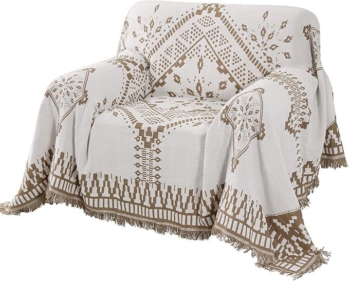 H.VERSAILTEX Reversible Sofa Cover Couch Cover for Dog Sofa Slipcover for Most Shape Sofa Furniture Protector with Tassels Sectional Couch Cover (Medium: 71" x 91", Sand/White)