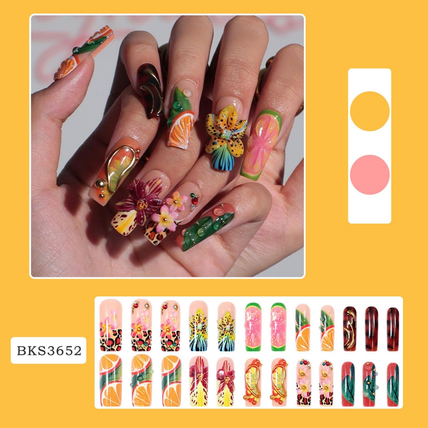 Long Press on Nails Square Fake Nails Multicolor Tropical Acrylic Nail Press Ons Seeneey 3D Flower and Fruit Leopard Designs Summer Beach Extra Long Stick on Nail for Women 24pcs