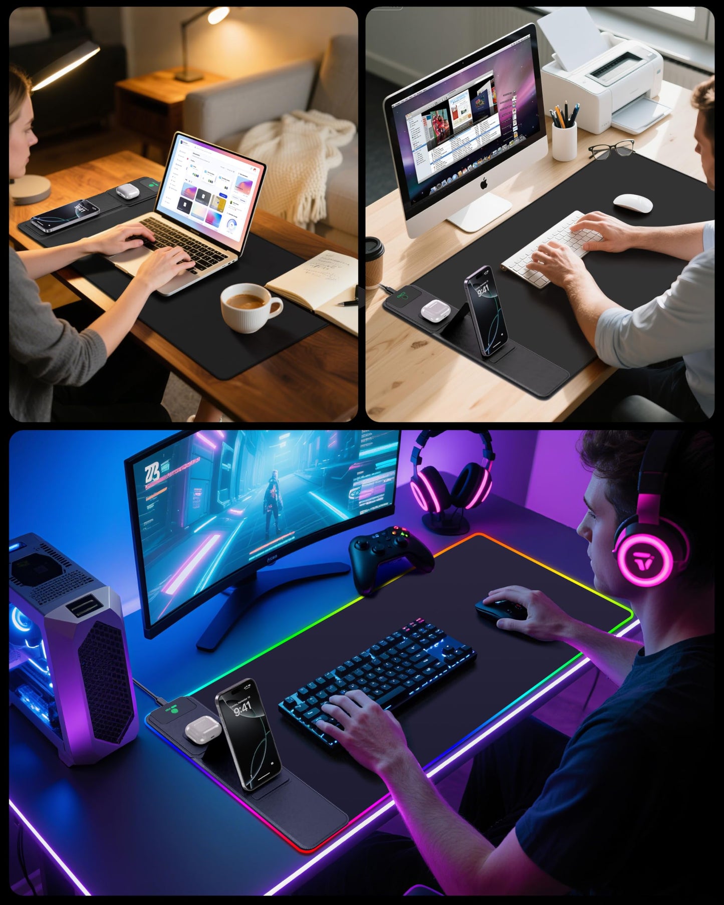 abc.mat 4-in-1 RGB Gaming Mouse Pad with Wireless Charging & Phone Stand, 31.5"x15.8" Large, 24 Light Effects, Non-Slip Base, Waterproof Ultra-Smooth Surface, with Adatper, No Adatper